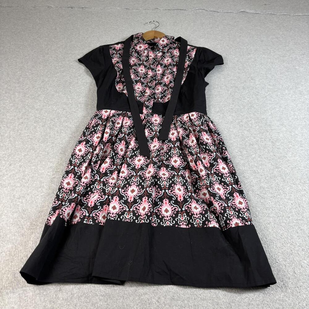 EShakti Dress Women 14 Black Pink Floral Tunic Fit Flare Button Boho Retro Twee